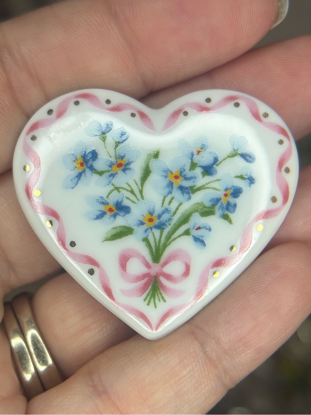 Vintage Porcelain Heart Brooch Blue Floral Pink Bow